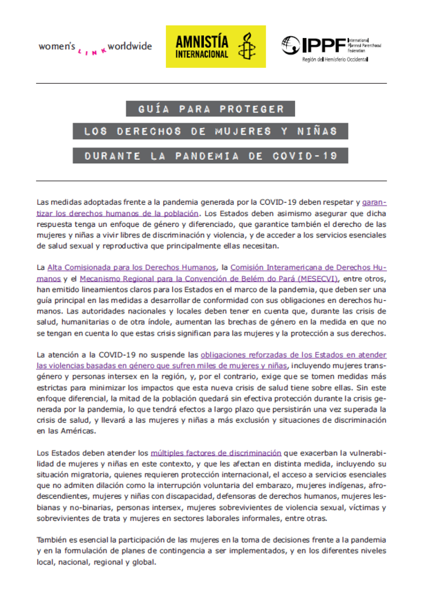 Guía para proteger los derechos de mujeres y niñas durante la pandemia de Covid-19